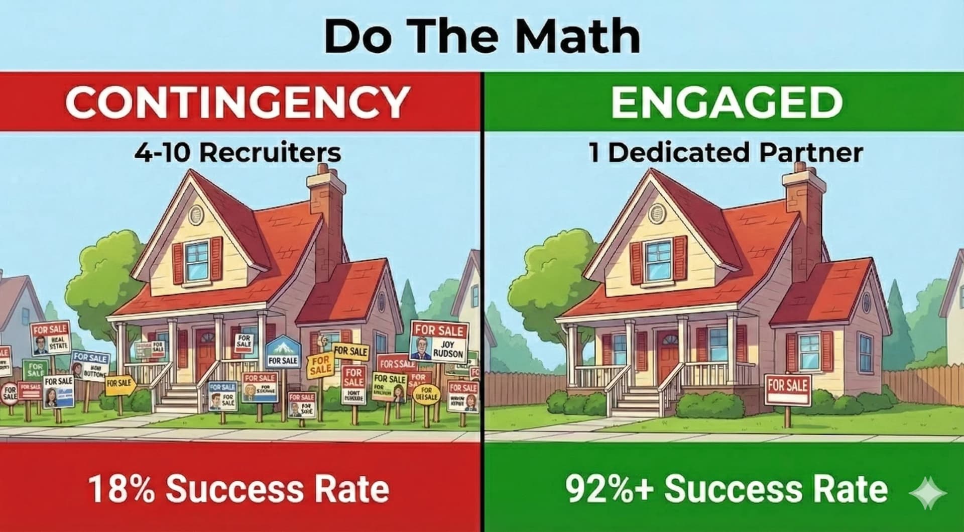 Contingency vs Engaged recruiting comparison - 4-10 recruiters competing with 18% success rate vs 1 dedicated partner with 92%+ success rate